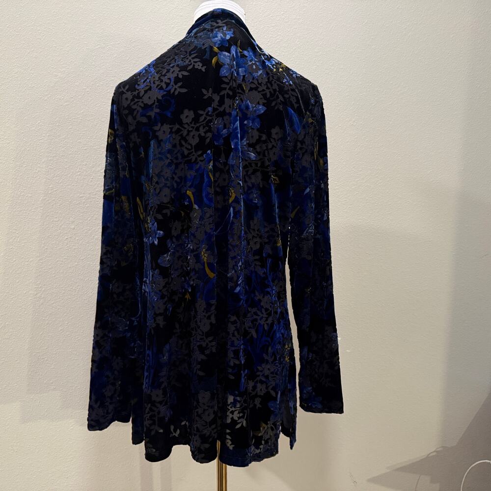 Susan Graver Blue Floral Burnout Velvet Cardigan Medium Sheer Office Fall Winter - Picture 2 of 9